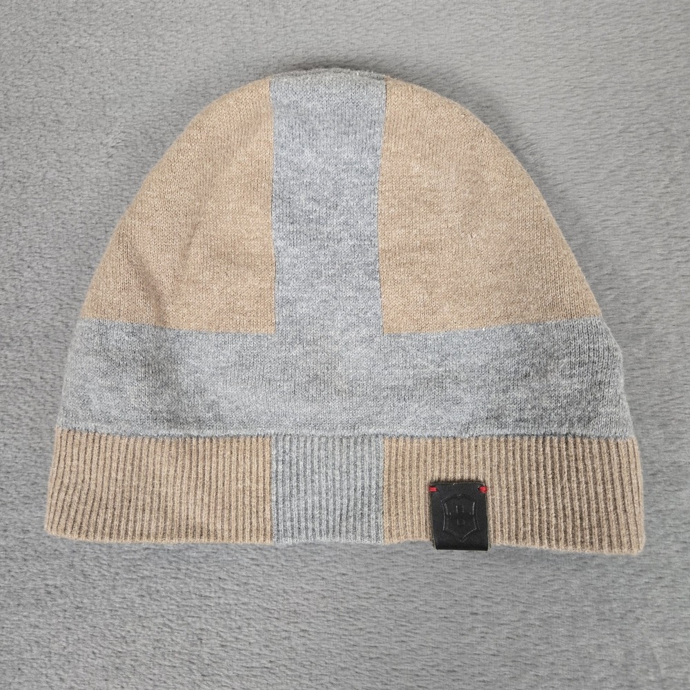VICTORINOX Beanie Beige Gray Cross Logo Wool Hat Knit One Size Unisex Adults